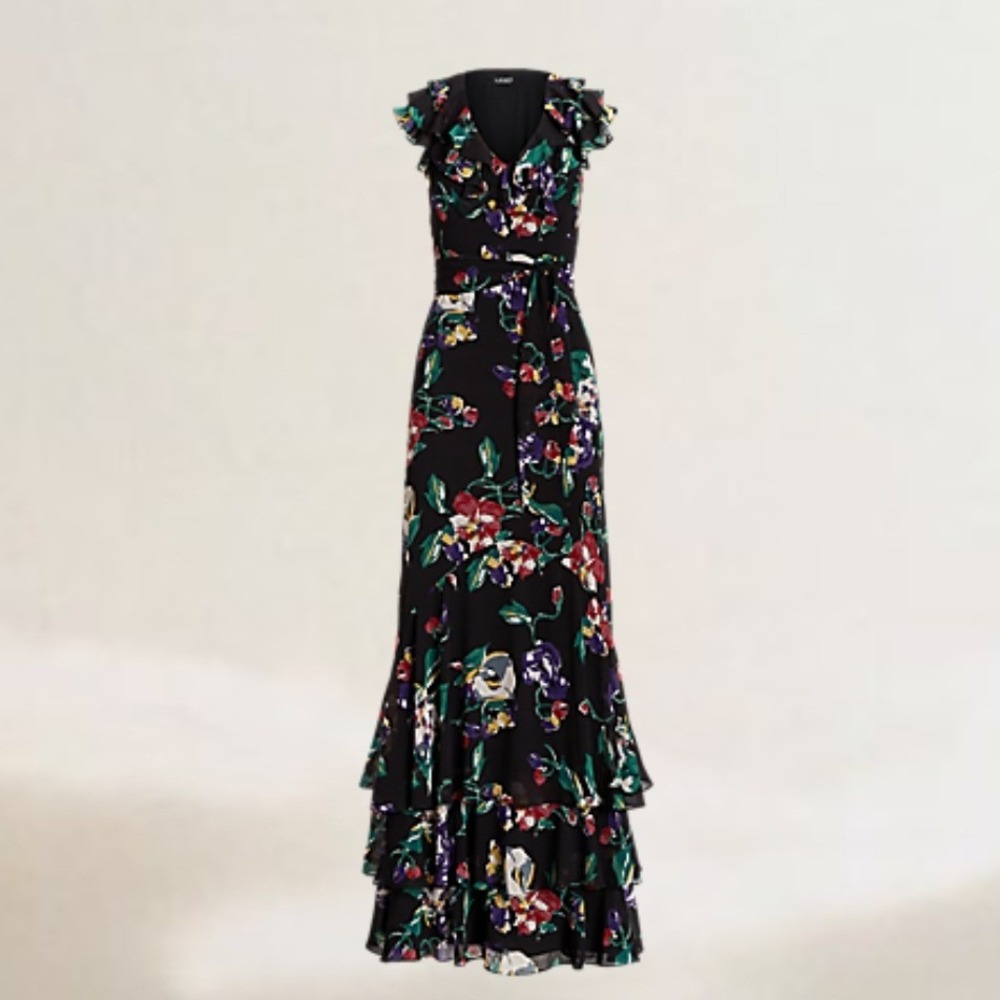 Lauren Ralph Lauren Women 14 Gown Belted Crinkle Georgette Floral Ruffle Black
